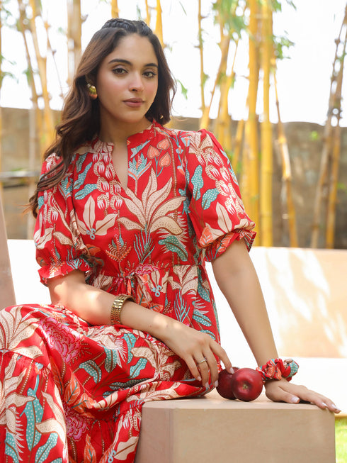Women Floral Print Puff Sleeve Pure Cotton Fit & Flare Midi Dress